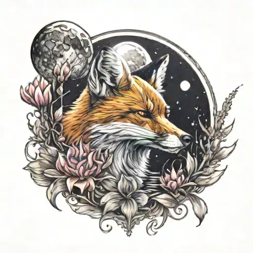 A Mystical Scene Of A Fox And Lycoris Radiata Flowers Under A Full Moon