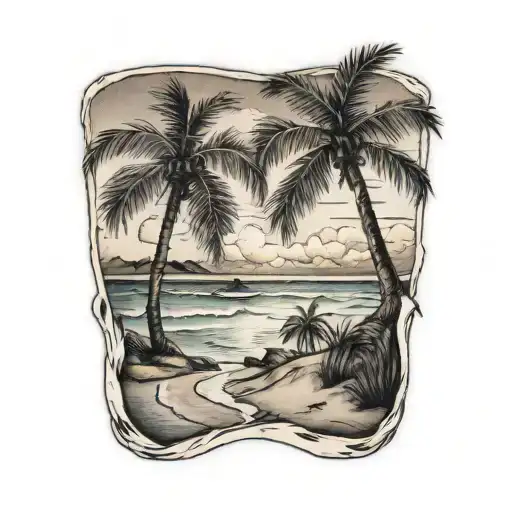Crossed Palms With Beach Landscape