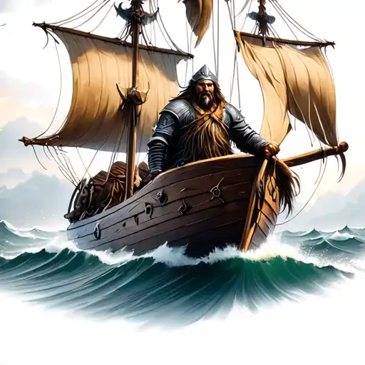 A Fierce Viking Warrior Sailing On A Longship Towards Valhalla