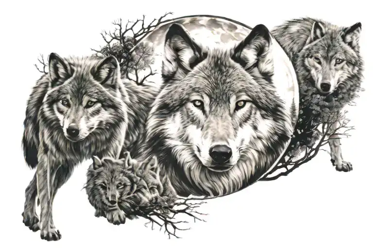 Wolf Guarding Partner And Cub With Moon And Trees Looking Through Lens