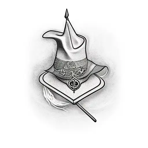 A Black-grey Tattoo Of A Guitar With The Sorting Hat As The Guitar Body