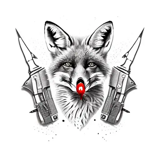 Fox With Combat Knife With Blood Drops In Hes Mouth And 2 Rifles From Each Side