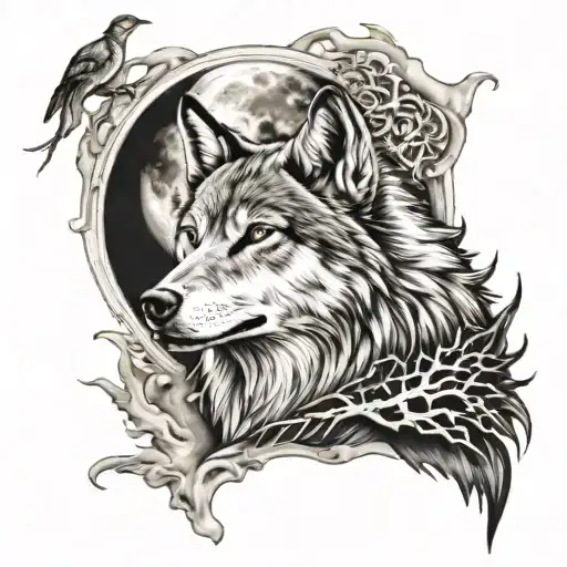 Howling Wolf And Moon Surrounded