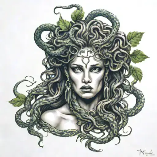 Medusa Head With Weed Leaf Braiding Her Snake Hair