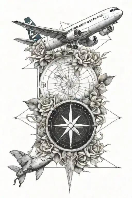 Plane Travel World Grid Lines Flowers Compass