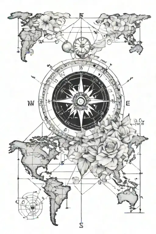 Travel World Grid Lines Flowers Light Gray Compass