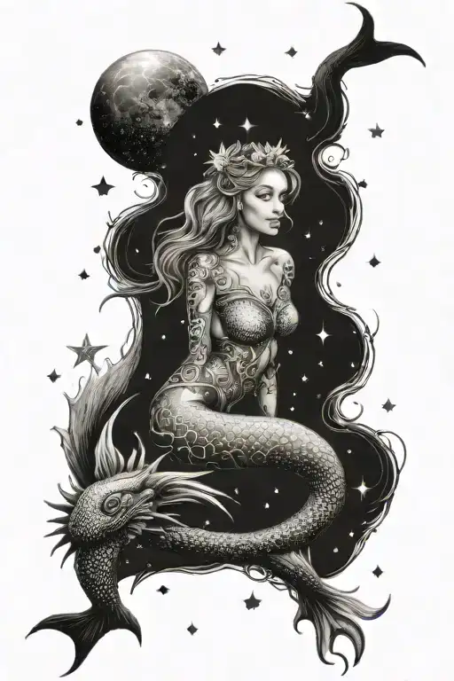 Sun And Moon Surrounded By Stars With A Mermaid And Dragon
