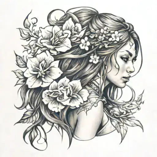 Powerful Warrior Woman Long Hair Flowers