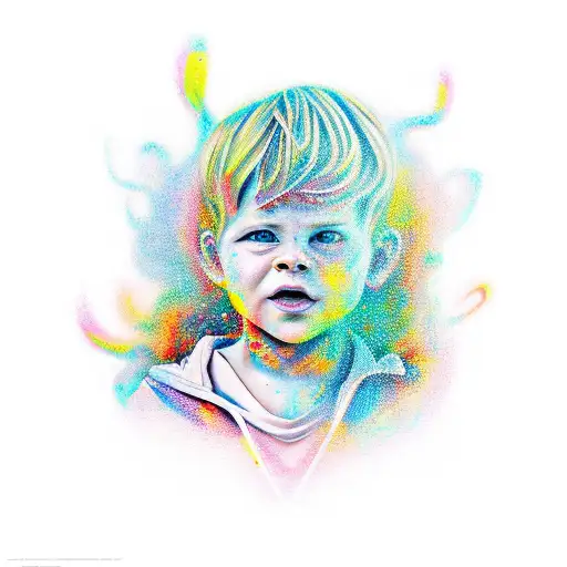 A Realistic Portrait Of The Client's Son Surrounded By Colorful Abstract Shapes