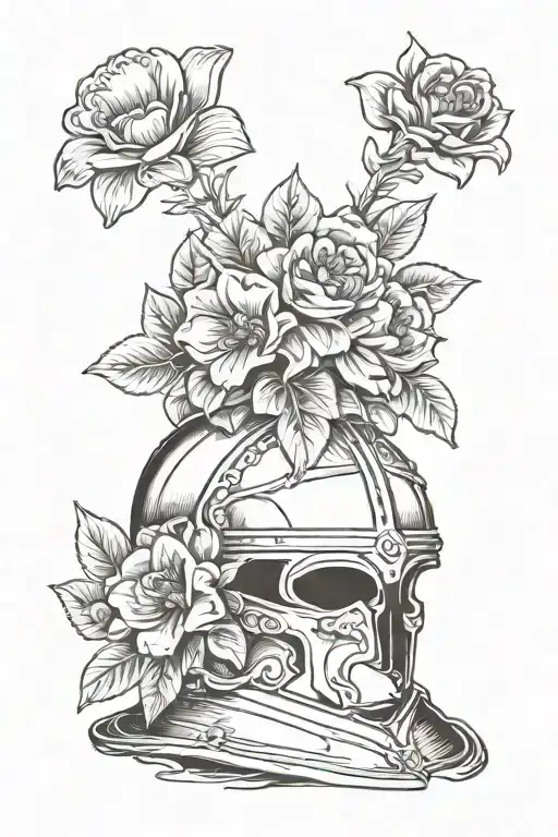 Half-buried Roman Helmet With Three Flowers Growing Out Of The Top