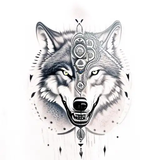 Aggressive Wolf With A Skull And Native American Feathers