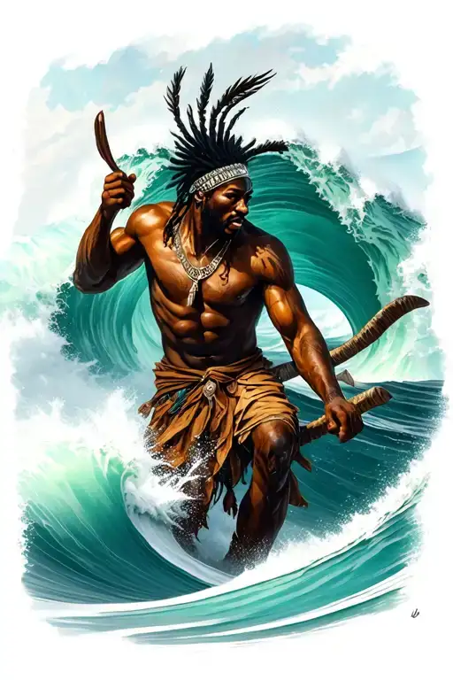 African Warrior Battling Fierce Waves And Dark