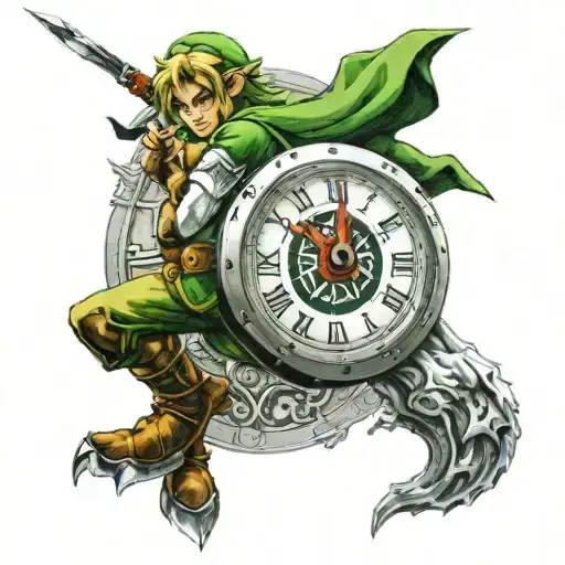 Link From Legend Of Zelda Ocarina Of Time In Front Of Clock