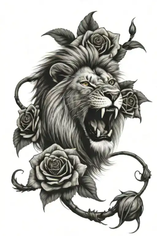 Big Roaring Lion And Roses