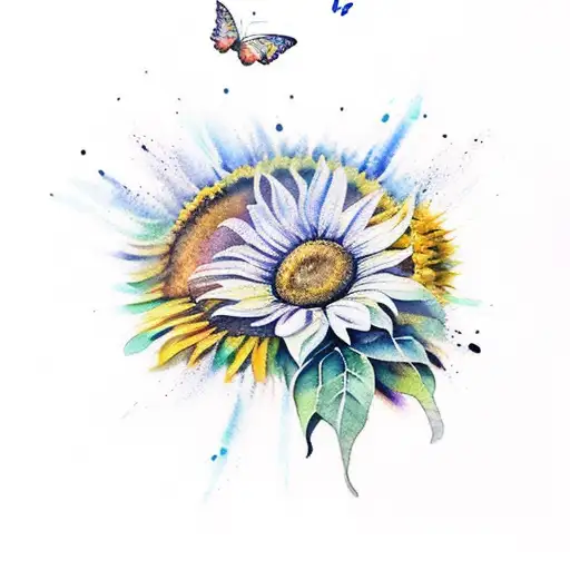 A Realistic Watercolor Sunflower With Delicate Butterfly Wings