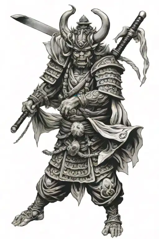 Oni Samurai Standing Temple Surrounded