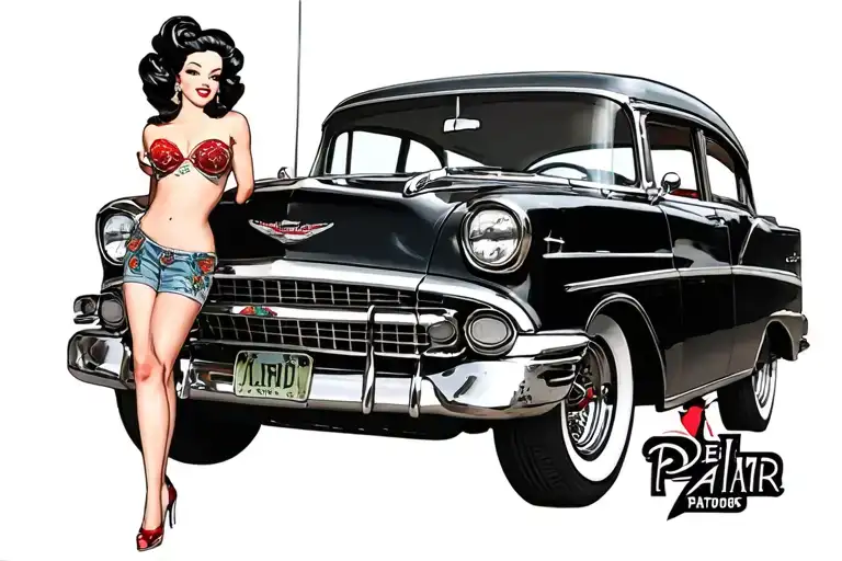 Old School Bel Air Car With Chola Pin Up Girl