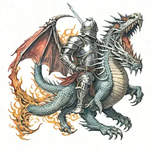 A Knight Fighting Against A Fire Breathing Dragon