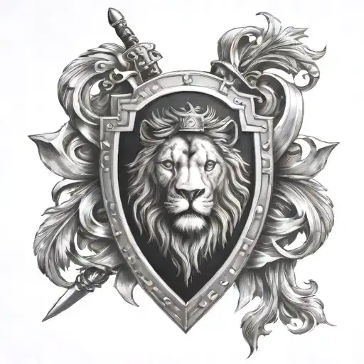 Lion Famely Emblem Shield Crossed Swords Going Horizontal