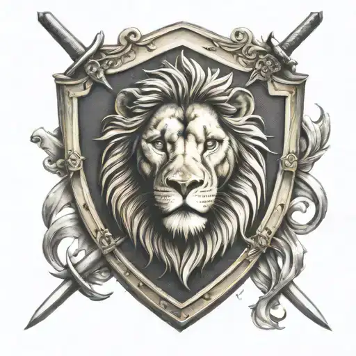 Lion Famely Emblem Shield Crossed Swords Going Horizontal