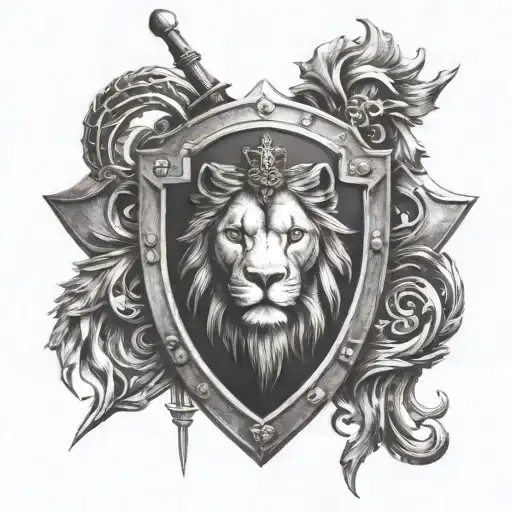 Lion Famely Emblem Shield Crossed Swords Going Horizontal