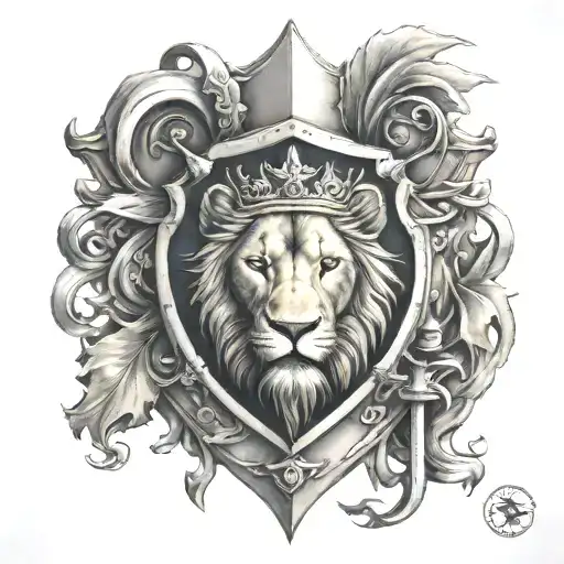 Lion Famely Emblem Shield Crossed Swords Going Horizontal
