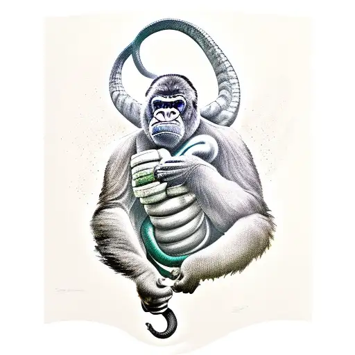 Gorilla Sitting Holding A Black Mamba Snake In One Of His Hands