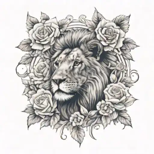 A Majestic Female Lion Surrounded By A Wreath Of Roses