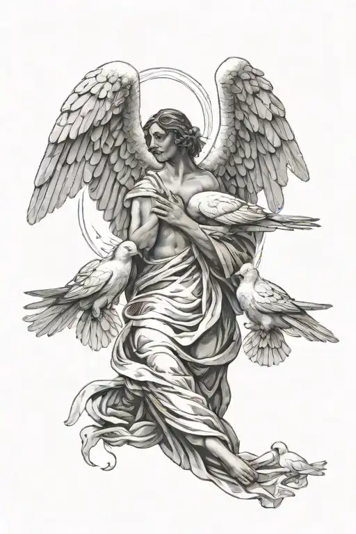Sad Angel With Drooping Wings Being Lifted Up To Heaven By Two Doves Holding Him By The Shoulders