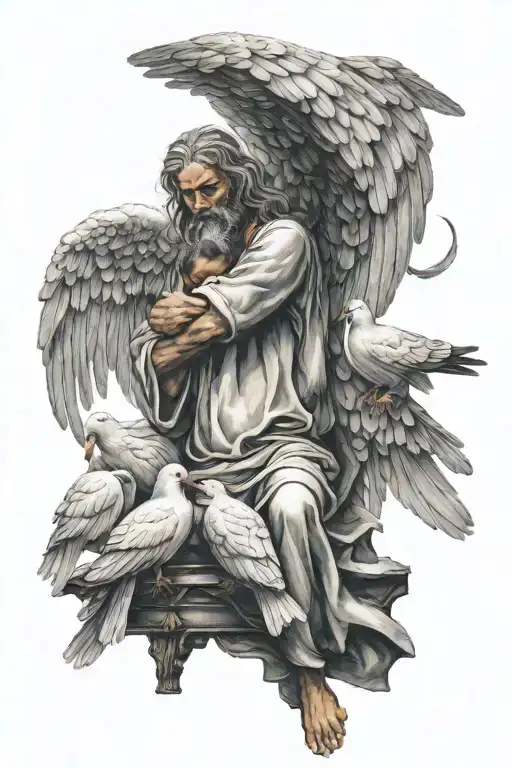 Sad Angel With Drooping Wings Being Lifted Up To Heaven By Two Doves Holding Him By The Shoulders