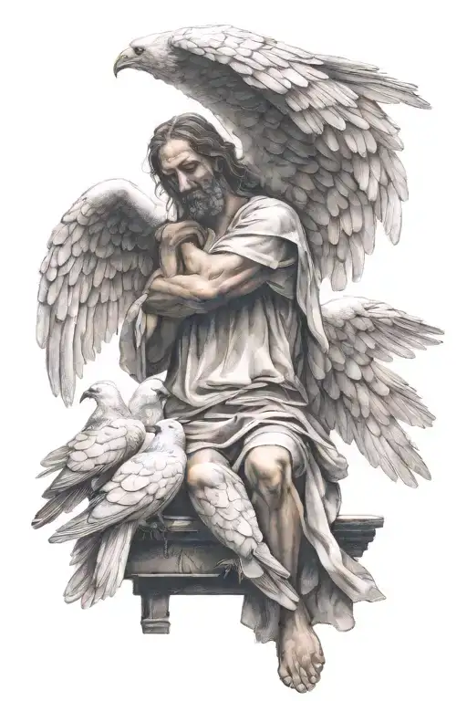 Sad Angel With Drooping Wings Being Lifted Up To Heaven By Two Doves Holding Him By The Shoulders