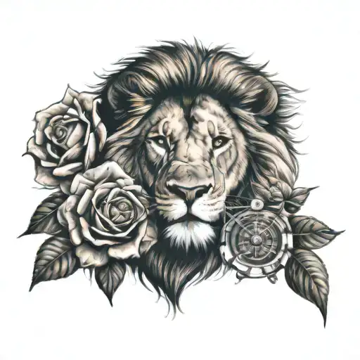 Lion With Roses And Compass Surrounded
