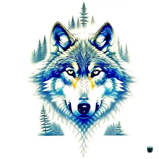 Wolf Face With Another Wolf's Silueta Inside It And Surrounded By Trees And Nature