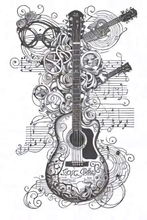 Guitar With Circular Glasses And The Beatles Song Lyrics Floating Through And Around The Guitar