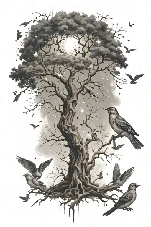 Posion Tree With Birds And Stars Forming