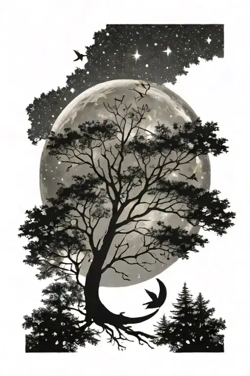 Stars With Moon And Trees And Birds Flying Away