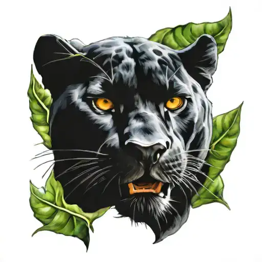 Black Panther Roaring From The Front With Colored Tongue And Leaves Protruding Around The Panther