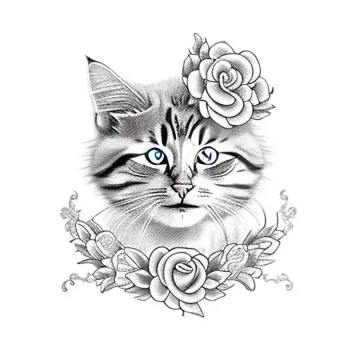 A Traditional-style Tattoo Of A Cat Playing With Flowers