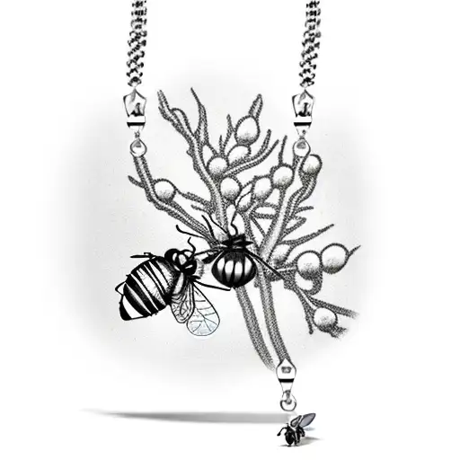 Rosary Necklace In Front Of A Crape Myrtle Tree In The Backround With A Bee On It