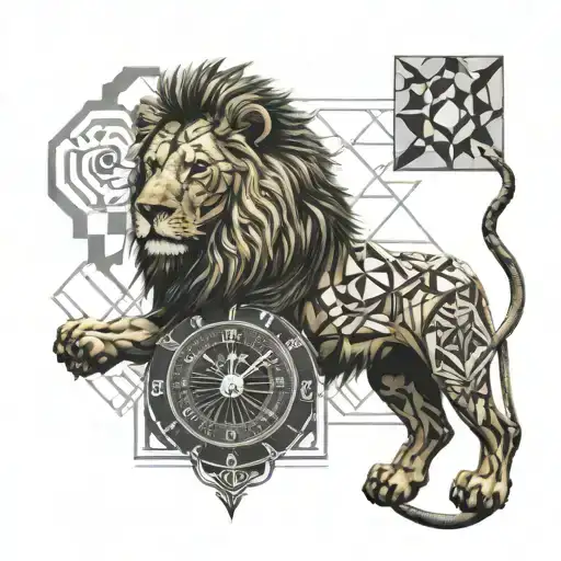 A Lion With Tribal Geometric Shapes And A Clock With The Date 06-02-2000