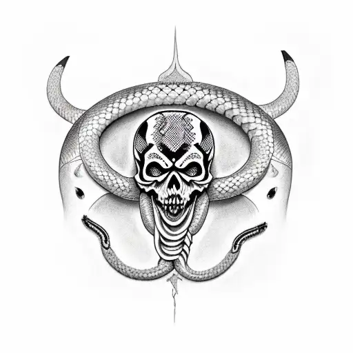 Ash Skull With 6 Horns And A Snake Around The Neck