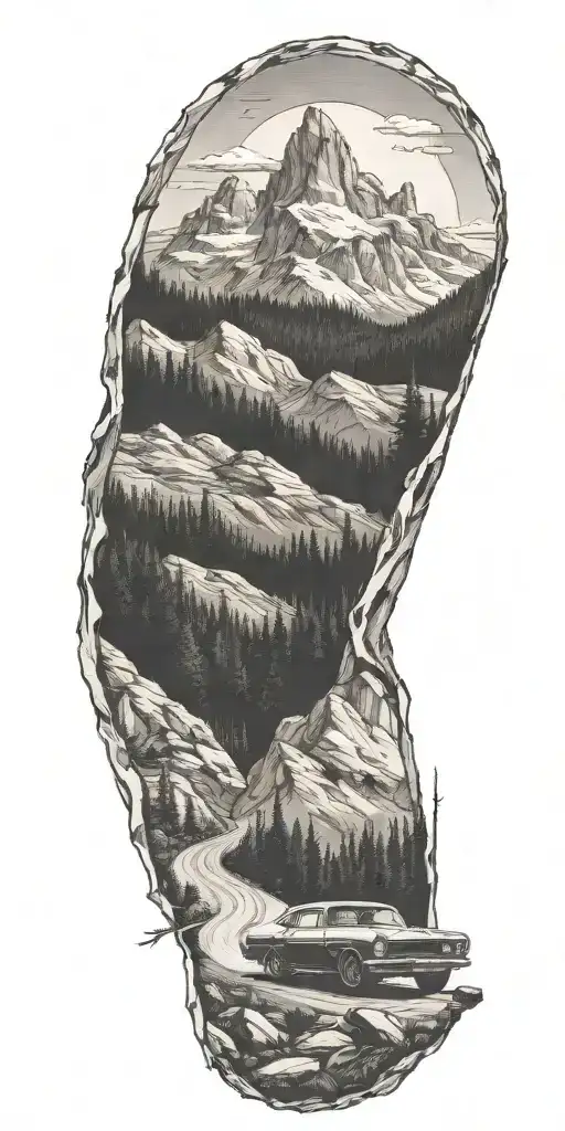 Car Driving Through Mountains With Forrest In Background