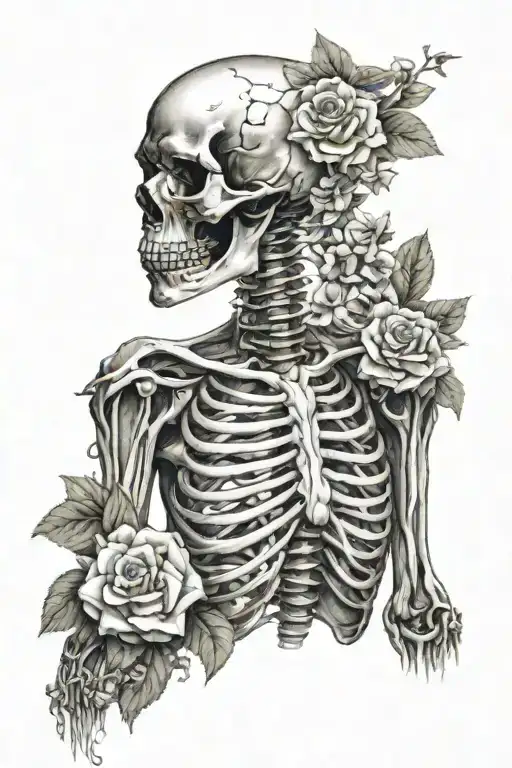 Half Skeleton Half Muscle Female Torso Posed With Flowers Growing Out Of Ribcage