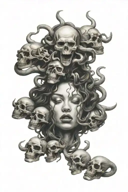 Medusa Crying Holding Skulls