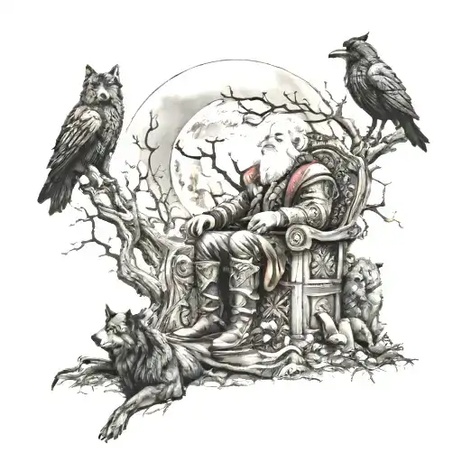 Odin On His Throne With Wolves And Ravens In Front Of The Life Tree In The Moon Shine