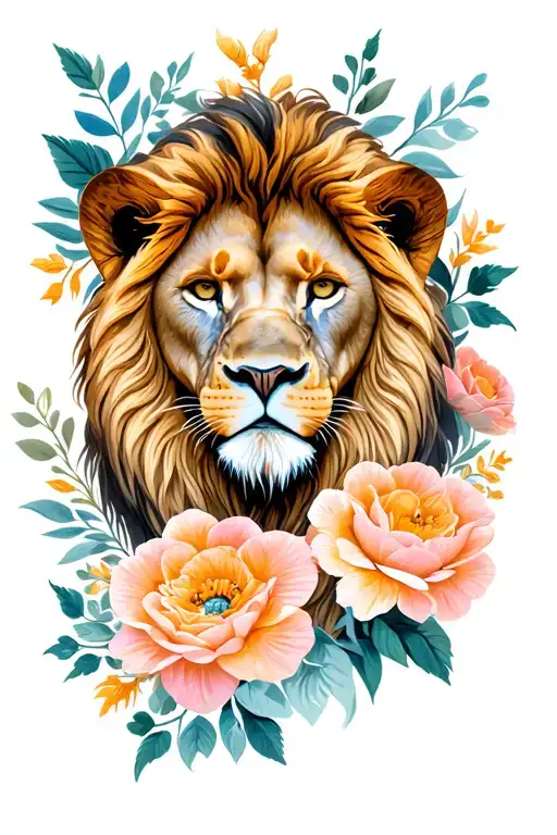 Lion Head Surrounded By Flowers