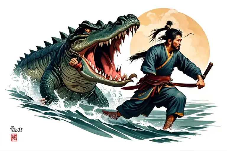 A Man Being Chased By A Crocodile And A Japanese Samurai Comes And Saves The Man