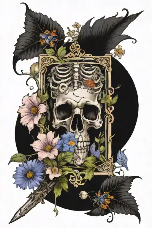 Tarot Death Card Being Punctured By A Black Dagger Surrounded By Colored Wildflowers And Leaves