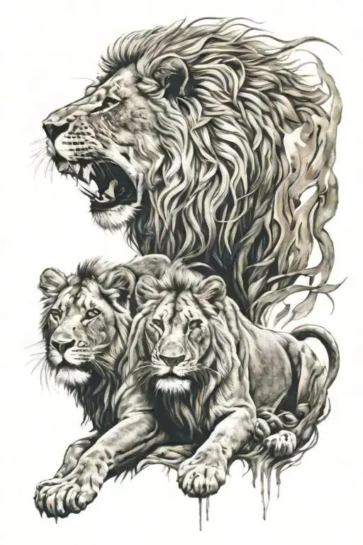 Half Lion And Lioness Surrounded