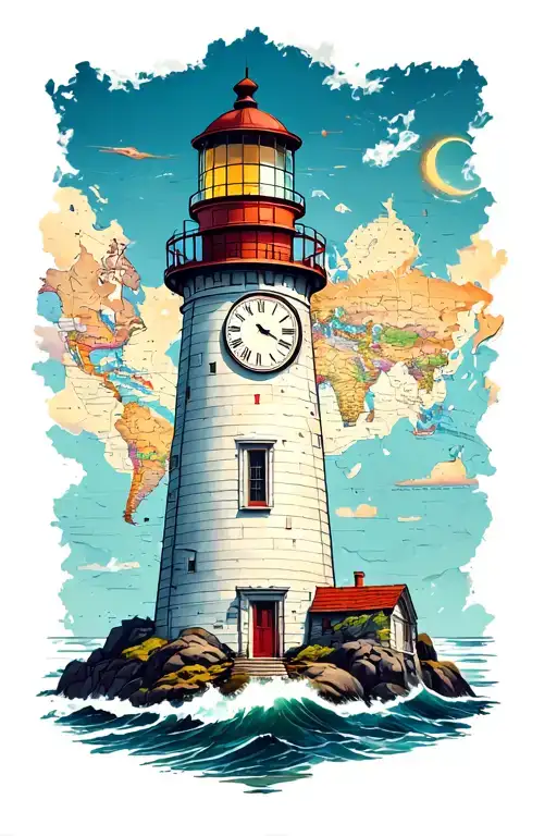 Lighthouse With Clock And Map Outline
